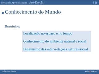 Metas de Aprendizagem   Pré-Escolar10Conhecimento do MundoDomínios:Localização no espaço e no tempoConhecimento do ambiente natural e socialDinamismo das inter-relações natural-socialAlbertina Pereira                                                                                                                                                                               Educ@ naWeb