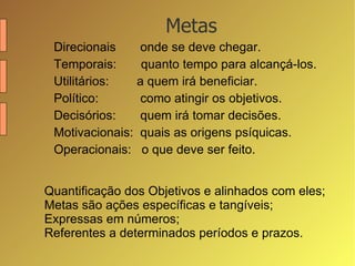 Metas Direcionais  onde se deve chegar. Temporais:  quanto tempo para alcançá-los. Utilitários:  a quem irá beneficiar. Político:  como atingir os objetivos. Decisórios:  quem irá tomar decisões. Motivacionais:  quais as origens psíquicas. Operacionais:  o que deve ser feito. Quantificação dos Objetivos e alinhados com eles; Metas são ações específicas e tangíveis;  Expressas em números;  Referentes a determinados períodos e prazos. 
