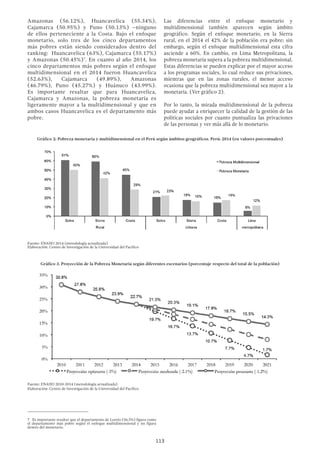 113
Amazonas (56.12%), Huancavelica (55.34%),
Cajamarca (50.95%) y Puno (50.13%) –ninguno
de ellos perteneciente a la Costa. Bajo el enfoque
monetario, solo tres de los cinco departamentos
más pobres están siendo considerados dentro del
ranking: Huancavelica (63%), Cajamarca (55.17%)
y Amazonas (50.45%)7
. En cuanto al año 2014, los
cinco departamentos más pobres según el enfoque
multidimensional en el 2014 fueron Huancavelica
(52.63%), Cajamarca (49.89%), Amazonas
(46.79%), Puno (45.27%) y Huánuco (43.99%).
Es importante resaltar que para Huancavelica,
Cajamarca y Amazonas, la pobreza monetaria es
ligeramente mayor a la multidimensional y que en
ambos casos Huancavelica es el departamento más
pobre.
7  Es importante resaltar que el departamento de Loreto (56.5%) figura como
el departamento más pobre según el enfoque multidimensional y no figura
dentro del monetario.
Gráfico 2: Pobreza monetaria y multidimensional en el Perú según ámbitos geográficos. Perú: 2014 (en valores porcentuales)
Fuente: ENAHO 2014 (metodología actualizada)
Elaboración: Centro de Investigación de la Universidad del Pacífico
Gráfico 3. Proyección de la Pobreza Monetaria según diferentes escenarios (porcentaje respecto del total de la población)
Fuente: ENAHO 2010-2014 (metodología actualizada)
Elaboración: Centro de Investigación de la Universidad del Pacífico
Las diferencias entre el enfoque monetario y
multidimensional también aparecen según ámbito
geográfico. Según el enfoque monetario, en la Sierra
rural, en el 2014 el 42% de la población era pobre; sin
embargo, según el enfoque multidimensional esta cifra
asciende a 60%. En cambio, en Lima Metropolitana, la
pobreza monetaria supera a la pobreza multidimensional.
Estas diferencias se pueden explicar por el mayor acceso
a los programas sociales, lo cual reduce sus privaciones,
mientras que en las zonas rurales, el menor acceso
ocasiona que la pobreza multidimensional sea mayor a la
monetaria. (Ver gráfico 2).
Por lo tanto, la mirada multidimensional de la pobreza
puede ayudar a enriquecer la calidad de la gestión de las
políticas sociales por cuanto puntualiza las privaciones
de las personas y ver más allá de lo monetario.
 