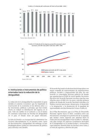 136
4.	Instituciones e instrumentos de política
orientados hacia la reducción de la
desigualdad.
La reducción de la desigualdad ha respondido en gran
medida al contexto económico que ha impulsado la
reactivación de la economía en los últimos años y a
las inversiones, públicas y privadas, que han tenido
efecto en reducir la distribución del ingreso en el
país. Ante un cambio en el contexto y con el ánimo
de continuar reduciendo las brechas de desigualdad
en el país, el Estado tiene un papel relevante.
La falta de Estado o su incapacidad de administrar los
recursos adecuadamente es, en muchos casos, causa
de discriminación y desigualdad. Sin embargo, se han
desplegado planes, políticas e instrumentos de política
para enfrentar este desafío.
ElAcuerdoNacionalesladeclaracióndelargoplazocon
mayor respaldo de representantes de organizaciones
políticas, sociales y empresariales del país. En este
acuerdo se contemplan diversas políticas de Estado
que apuntan hacia el ODS 10. Javier Iguíñiz, Secretario
Ejecutivo del Acuerdo Nacional, reconoce que hay una
relación entre el ODS 10 y la sexta y décimo primera
política de Estado del Acuerdo Nacional, referidas a la
Política exterior para la paz, democracia, el desarrollo
y la integración, y la promoción de la igualdad de
oportunidades sin discriminación (véase el tabla 4).
En el Plan Bicentenario, que es el Plan de Desarrollo
Nacional vigente hacia el 2021, considera entre sus
lineamientos estratégicos la promoción de la equidad,
que incluye varios aspectos que apuntan hacia la
reducción de la desigualdad (véase la tabla 5). Además,
este plan incluye los aspectos económicos derivados
de la desigualdad en la productividad y territoriales,
especialmente identificando las brechas entre Lima y
el resto de regiones y distritos del país.
Gráfico 2: Evolución de los ingresos promedio mensual a nivel
nacional y del 40% más pobre (año base 2005 =100)
Fuente: INEI, 2015
Gráfico 1: Evolución del coeficiente de Gini en Perú 2000 - 2012
Fuente: Banco Mundial, 2015
 