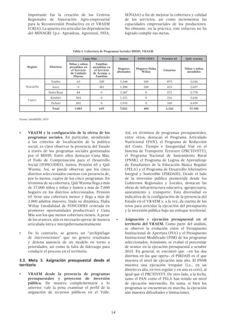 14
importante fue la creación de los Centros
Regionales de Innovación Agro-empresarial
para la Reconversión Productiva en el VRAEM
(CRIA). La apuesta era articular las dependencias
del MINAGRI (p.e. Agroideas, Agrorural, INIA,
Tabla 1: Cobertura de Programas Sociales MIDIS, VRAEM
Región Distritos
Cuna Más Juntos FONCODES Pensión 65 Qaly warma
Niñas y niños
atendidos en
el Servicio
de Cuidado
Diurno
Familias
atendidas en
el Servicio
de Acomp. a
Familias
Hogares
abonados
Hogares Haku
Wiñay
Usuarios
Niñas y niños
atendidos
Ayacucho
Tambo 63 258 1,548 200 875 3,036
Anco 0 381 1,200 200 415 2,697
Santa Rosa 84 0 1,187 0 271 2,778
Cusco
Kimbiri 364 0 1,151 0 216 3,636
Pichari 492 0 1,935 0 349 4,959
Total 1,003 639 7,021 400 2,126 17,106
Fuente: InfoMIDIS, 2015
•	 VRAEM y la configuración de la oferta de los
programas sociales. En particular, atendiendo
a los criterios de focalización de la política
social, es clave observar la presencia del Estado
a través de los programas sociales gestionados
por el MIDIS. Entre ellos destacan Cuna Más,
el Fodo de Compensación para el Desarrollo
Social (FONCODES), Juntos, Pensión 65 y Qali
Warma. Así, se puede observar que los cinco
distritos seleccionados cuentan con presencia de,
por lo menos, cuatro de los cinco programas. En
términos de su cobertura, Qali Warma llega a más
de 17,000 niños y niñas y Juntos a más de 7,000
hogares en los distritos seleccionados. Pensión
65 tiene una cobertura menor y llega a más de
2,000 adultos mayores. Dada su dinámica, Haku
Wiñay (modalidad de FONCODES centrada en
promover oportunidades productivas) y Cuna
Más son los que menor cobertura tienen. A pesar
de los avances, aún es necesario operar de manera
articulada intra e intergubernamentalmente
•	 De lo contrario, se genera un “archipiélago
de intervenciones” que no genera resultados
y denota ausencia de un modelo en torno a
prioridades, así como la falta de liderazgo para
conducir el proceso en el territorio.
3.3. Meta 3. Asignación presupuestal desde el
territorio
•	 VRAEM desde la presencia de programas
presupuestales y proyectos de inversión
pública. De manera complementaria a lo
anterior, vale la pena examinar el perfil de la
asignación de recursos públicos en el Valle.
SENASA) a fin de mejorar la cobertura y calidad
de los servicios, así como incrementar las
capacidades empresariales de los productores.
No obstante, en la práctica, este esfuerzo no ha
logrado cumplir sus metas.
Así, en términos de programas presupuestales,
entre otros, destacan el Programa Articulado
Nutricional (PAN), el Programa de Reducción
del Costo, Tiempo e Inseguridad Vial en el
Sistema de Transporte Terrestre (PRCTIVSTT),
el Programa Nacional de Saneamiento Rural
(PNSR), el Programa de Logros de Aprendizaje
de Estudiantes de la Educación Básica Regular
(PELA) y el Programa de Desarrollo Alternativo
Integral y Sostenible (PIRDAIS). Desde el lado
de la inversión pública promovida desde los
Gobiernos Regionales y Locales, destacan las
obras de infraestructura educativa, agropecuaria,
saneamiento y transporte. Esta diversidad es
indicativa de la configuración de la presencia del
Estado en el VRAEM y, a la vez, da cuenta de los
retos para articular la ejecución del presupuesto
y la inversión pública bajo un enfoque territorial.
•	 Asignación y ejecución presupuestal en el
territorio del VRAEM. Como parte del análisis,
se observó la evolución entre el Presupuesto
Institucional de Apertura (PIA) y el Presupuesto
Institucional Modificado (PIM) de los programas
seleccionados. Asimismo, se evaluó el porcentaje
de avance en la ejecución presupuestal a octubre
2015. En general, se encontró que –en los dos
distritos en los que opera– el PIRDAIS es el que
muestra el nivel de ejecución más alto. El PNSR
muestra una ejecución irregular (i.e., en un
distrito es alta, en tres regular y en uno es cero), al
igual que el PRCTIVSTT. De otro lado, a la fecha,
tanto el PAN como el PELA han tenido un nivel
de ejecución intermedio. En suma, si bien los
programas se encuentran en marcha, la ejecución
aún muestra dificultades y limitaciones.
 