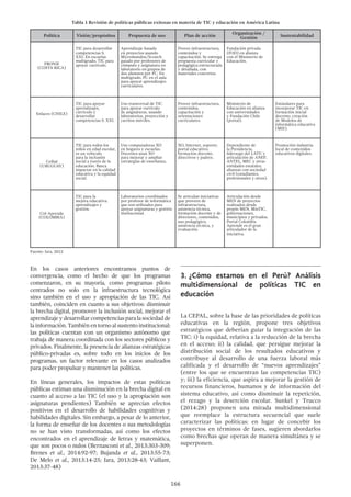 166
Tabla 1 Revisión de políticas públicas exitosas en materia de TIC y educación en América Latina
Política Visión/propósitos Propuesta de uso Plan de acción
Organización /
Gestión Sustentabilidad
PRONIE
(COSTA RICA)
TIC para desarrollar
competencias S.
XXI. En escuelas
multigrado, TIC para
apoyar currículo.
Aprendizaje basado
en proyectos usando
Micromundos/Scratch
guiado por profesores de
cómputo y asignatura en
laboratorio en grupos de
dos alumnos por PC. En
multigrado, PC en el aula
para apoyar aprendizajes
curriculares.
Provee infraestructura,
contenidos y
capacitación. Se entrega
propuesta curricular y
pedagógica estructurada
y detallada, con
materiales concretos.
Fundación privada
(FOD) en alianza
con el Ministerio de
Educación.
Enlaces (CHILE)
TIC para apoyar
aprendizajes,
currículo y
desarrollar
competencias S. XXI.
Uso transversal de TIC
para apoyar currículo
de asignaturas, usando
laboratorios, proyección y
carritos móviles.
Provee infraestructura,
contenidos,
capacitación y
orientaciones
curriculares.
Ministerio de
Educación en alianza
con universidades
y Fundación Chile
(portal).
Estándares para
incorporar TIC en
formación inicial
docente; creación
de Modelos de
informática educativa
(MIE).
Ceibal
(URUGUAY)
TIC para todos los
niños en edad escolar,
es un vehículo
para la inclusión
social a través de la
educación. Busca
impactar en la calidad
educativa y la equidad
social.
Uso computadoras XO
en hogares y escuelas.
Docentes usan XO
para mejorar y ampliar
estrategias de enseñanza.
XO, Internet, soporte;
portal educativo;
formación docente,
directivos y padres.
Dependiente de
la Presidencia,
liderazgo del LATU y
articulación de ANEP,
ANTEL, MEC y otras
entidades estatales;
alianzas con sociedad
civil (estudiantes,
profesionales y otros).
Promoción industria
local de contenidos
educativos digitales.
Col-Aprende
(COLOMBIA)
TIC para la
mejora educativa:
aprendizajes y
gestión.
Laboratorios coordinados
por profesor de informática
que son utilizados para
apoyar asignaturas y gestión
institucional.
Se articulan iniciativas
que proveen de
infraestructura,
asistencia técnica,
formación docente y de
directores, contenidos,
uso pedagógico,
asistencia técnica, y
evaluación.
Articulación desde
MEN de proyectos
realizados desde
propio MEN, MinTIC,
gobernaciones,
municipios y privados.
Portal Colombia
Aprende es el gran
articulador de la
iniciativa.
Fuente: Jara, 2012
En los casos anteriores encontramos puntos de
convergencia, como el hecho de que los programas
comenzaron, en su mayoría, como programas piloto
centrados no solo en la infraestructura tecnológica
sino también en el uso y apropiación de las TIC. Así
también, coinciden en cuanto a sus objetivos: disminuir
la brecha digital, promover la inclusión social, mejorar el
aprendizajeydesarrollarcompetenciasparalasociedadde
lainformación.Tambiénentornoalsustentoinstitucional:
las políticas cuentan con un organismo autónomo que
trabaja de manera coordinada con los sectores públicos y
privados. Finalmente, la presencia de alianzas estratégicas
público-privadas es, sobre todo en los inicios de los
programas, un factor relevante en los casos analizados
para poder propulsar y mantener las políticas.
En líneas generales, los impactos de estas políticas
públicas estiman una disminución en la brecha digital en
cuanto al acceso a las TIC (el uso y la apropiación son
asignaturas pendientes) También se aprecian efectos
positivos en el desarrollo de habilidades cognitivas y
habilidades digitales. Sin embargo, a pesar de lo anterior,
la forma de enseñar de los docentes o sus metodologías
no se han visto transformadas, así como los efectos
encontrados en el aprendizaje de letras y matemática,
que son pocos o nulos (Bernasconi et al., 2013:303-309;
Brenes et al., 2014:92-97; Bujanda et al., 2013:55-73;
De Melo et al., 2013:14-25; Jara, 2013:28-43; Vaillant,
2013:37-48)
3.	¿Cómo estamos en el Perú? Análisis
multidimensional de políticas TIC en
educación
La CEPAL, sobre la base de las prioridades de políticas
educativas en la región, propone tres objetivos
estratégicos que deberían guiar la integración de las
TIC: i) la equidad, relativa a la reducción de la brecha
en el acceso; ii) la calidad, que persigue mejorar la
distribución social de los resultados educativos y
contribuye al desarrollo de una fuerza laboral más
calificada y el desarrollo de “nuevos aprendizajes”
(entre los que se encuentran las competencias TIC)
y; iii) la eficiencia, que aspira a mejorar la gestión de
recursos financieros, humanos y de información del
sistema educativo, así como disminuir la repetición,
el rezago y la deserción escolar. Sunkel y Trucco
(2014:28) proponen una mirada multidimensional
que reemplace la estructura secuencial que suele
caracterizar las políticas: en lugar de concebir los
proyectos en términos de fases, sugieren abordarlos
como brechas que operan de manera simultánea y se
superponen.
 
