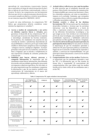 169
aprendizaje de conocimientos transversales (puesto
que se aprenden a lo largo de toda la formación escolar)
que se aplican de una forma contextualizada, crítica y
creativa. Es decir, las competencias son herramientas
diversas que sirven a cada persona para desenvolverse,
ya sea para cumplir un objetivo o resolver un problema,
en un contexto específico (MINEDU, 2015)
A partir de estas definiciones, la competencia TIC
básica que proponemos debería considerar como
mínimo las siguientes 6 variables10
:
a)	 Acceso a medios de comunicación y uso activo
en distintos soportes físicos o virtuales: para
garantizar el desarrollo de las competencias TIC es
necesario que el acceso a los dispositivos se expanda
e intensifique, atendiendo las brechas existentes.
En la práctica, los ciudadanos son usuarios de una
variedad de medios y plataformas dependiendo de
susposibilidadesycontextos,porloqueresultainútil
establecer distinciones categóricas entre tecnologías
–antiguasonuevas/analógicasodigitales–.Esmejor
pensarlas como parte de un ecosistema, con diversos
fines y lenguajes, que se articula y complementa en
una experiencia compleja de consumo, producción
e interacción.
b)	 Habilidad para buscar, obtener, procesar y
compartir información: Es importante que los
estudiantes sepan buscar información, discriminarla
deacuerdoasusnecesidades,gestionarlayprocesarla
en respuesta a objetivos específicos. Por otro lado, es
de suma importancia que los estudiantes compartan
la información y que, de esa manera, también sean
constructores de conocimiento en el marco del
aprendizaje colaborativo y abierto.
10  Consultar Lapeyre (2015)
c)	 Actitudcríticayreflexivaen,conyantelosmedios:
Se debe procurar que el estudiante desarrolle una
postura crítica frente a los medios de comunicación.
Es imprescindible que conozca sus funciones y fines,
los contenidos expuestos, así como su naturaleza e
impacto en la sociedad. Asimismo, que extrapolen
esaposturacríticayreflexivacuandoellosproduzcan
y difundan sus propios contenidos.
d)	 Dominio creativo y eficaz de las distintas
herramientas TIC: Es necesario que los estudiantes
desarrollen formatos y técnicas que les permitan
interactuar –con los dispositivos y a través de
ellos– y expresarse creativa y eficazmente a través
de las diferentes herramientas tecnológicas a las
que tengan acceso. Esto involucra un conocimiento
previo de estas tecnologías, una comprensión de sus
posibilidades expresivas y habilidades suficientes
para plasmar en ellas aquello que desean e imaginan.
e)	 Usoefectivodelosmediosparalaautoexpresiónyla
participación democrática: En este punto se destaca
la importancia de que los estudiantes aprendan a
utilizarlasTICparaexpresarsepolíticaysocialmente,
hagan uso de su derecho a la libertad de expresión y
opinión, y conozcan sus responsabilidades. Así, que
participen democráticamente a través de los medios
de comunicación.
f)	 Comportamiento ético en los medios: Finalmente,
es importante que los estudiantes aprendan a usar
las TIC y la información que en ella transita de
forma ética y responsable. El conocimiento del
comportamiento ético que deben regir los medios
fortalecerá la visión crítica de los estudiantes ante y
en las TIC.
Tabla 3: Competencias TIC según estándares internacionales
Ley Orgánica de
Educación - España
UNESCO Parlamento
Europeo
Carta Europea de
Educación en Medios
ISTE: Standards
Students
Actitud crítica y
reflexiva en, con y ante
los medios
a a. a a a
Acceso a medios de
comunicación y uso
activo en distintos
soportes
a r a a r
Habilidad para buscar,
obtener, procesar y
compartir información
a a a a a
Dominio creativo y
eficaz de las distintas
herramientas digitales
a a a a a
Uso efectivo de
los medios para
la autoexpresión
y la participación
democrática
r r a a a
Comportamiento ético
en los medios a r a r r
Elaboración: Propia
 