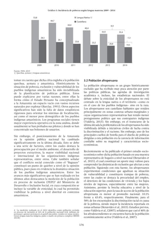 176
3.2 Población afroperuana
La población afroperuana es un grupo históricamente
excluido que ha recibido muy poca atención por parte
las políticas públicas, las agendas de investigación
académica e, incluso, las estadísticas nacionales. El
debate sobre la etnicidad de los afroperuanos no está
centrado en la lengua nativa o el territorio –como es
en el caso de los pueblos indígenas– sino en la raza.
Los afroperuanos son castellano hablantes que residen
principalmente en zonas costeras urbano-marginales y
cuyas organizaciones representativas han tenido menor
protagonismo político que sus contrapartes indígenas
(Valdivia, 2013). Sin embargo, en el transcurso de la
últimadécadalaproblemáticadelosafroperuanoshasido
visibilizada debido a iniciativas civiles de lucha contra
la discriminación y el racismo. Sin embargo, uno de los
principales cuellos de botella para el diseño de políticas
dirigidas a esta población era la carencia de información
confiable sobre su magnitud y características socio-
económicas.
Recientemente se ha publicado el primer estudio socio-
económico sobre dicha población basado en una muestra
representativa de hogares a nivel nacional (Benavides et
al., 2015), el cual constituye un aporte muy valioso para
comprender las dinámicas de exclusión que afectan a esta
población. Siguiendo con esta fuente, los afroperuanos
experimentan condiciones que agudizan su situación
de vulnerabilidad y constituyen trampas de pobreza,
entre las cuales se destaca la precariedad del empleo,
el deterioro de las condiciones de vivienda y los bajos
niveles de ingresos, especialmente entre las mujeres.
Asimismo, persiste la brecha educativa a nivel de la
educación superior, pues la tasa de acceso de la población
afroperuana es menor al promedio nacional: 33.1%
frente a 43.4%, respectivamente. Finalmente, para el
58% de los encuestados la discriminación racial es causa
de la pobreza, siendo mayor la incidencia reportada en
zonas urbanas (Benavides et al., 2015). Estudios previos,
como Valdivia et al., (2007), señalaron que casi el 40% de
los afrodescendientes se encuentra fuera de la población
económicamente activa (Valdivia et al., 2007).
tomar en cuenta que dicha cifra engloba a la población
quechua, aymara y amazónica. Históricamente la
situación de pobreza, exclusión y vulnerabilidad de los
pueblos indígenas amazónicos ha sido invisibilizada
de la planificación de políticas públicas. Estos
puede explicarse por varias razones, entre ellas la
forma cómo el Estado Peruano ha conceptualizado
a la Amazonía: un espacio vacío con vastos recursos
naturales por explotar (Barclay, 1991). Otros aspectos
significativos han sido la falta de datos estadísticos
rigurosos para orientar los sistemas de focalización,
así como el menor peso demográfico de los pueblos
indígenas amazónicos. Los programas sociales tienen
mayor experiencia operativa en la zona andina, donde
usualmente se han probados sus pilotos y donde se han
concentrado sus bolsones de usuarios.
Sin embargo, el posicionamiento de la Amazonía
en la opinión pública nacional ha cambiado
significativamente en la última década. Esto se debe
a una serie de factores, entre los cuales destaca la
preocupación por el medio ambiente, el desarrollo de
proyectos extractivos, la mayor visibilidad nacional
e internacional de las organizaciones indígenas
representativas, entre otros. Cabe también señalar
que el conflicto social conocido como el “Baguazo”
constituyó un punto de quiebre a nivel de la opinión
pública, pues puso en evidencia la dramática situación
de los pueblos indígenas amazónicos. Entre los
avances más significativos que se han realizado en los
últimos años destacamos la medición de la población
en proceso de inclusión (PEPI)4
del Ministerio de
Desarrollo e Inclusión Social, en cuya composición se
incluye la variable de etnicidad, lo cual ha permitido
visibilizar la pobreza a nivel distrital en contextos
amazónicos.
4  La medición realizada en el 2012 identifica como población excluída
en proceso de inclusión al 16% de la población nacional (4.8. millones de
personas), quienes pertenecen al quintil más pobre, residen en zonas rurales,
tienen lengua materna indígena, padre o madre sin primera completa (MIDIS
2013b)
Gráfico 1: Incidencia de pobreza según lengua materna 2009 - 2014
53,8
28,5
2009 2010 2011 2012 2013 2014
49,7
26,1
44,4
23,6
40,4
Lengua Nativa 1/
Castellano
22,2
-0,5
35,9 35,4
20,8
-1,3
19,5
Fuente: INEI, 2015
1/ Quechua, aymara y lenguas amazónicas
 