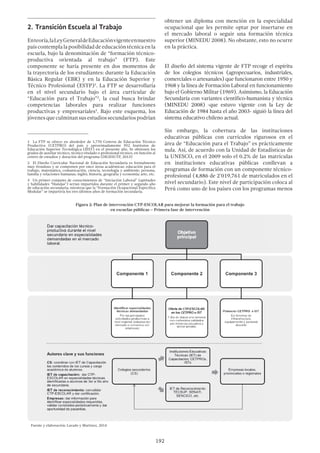 192
2.	Transición Escuela al Trabajo
Enteoría,laLeyGeneraldeEducaciónvigenteennuestro
país contempla la posibilidad de educación técnica en la
escuela, bajo la denominación de “formación técnico-
productiva orientada al trabajo” (FTP). Este
componente se haría presente en dos momentos de
la trayectoria de los estudiantes: durante la Educación
Básica Regular (EBR) y en la Educación Superior y
Técnico Profesional (ESTP)1
. La FTP se desarrollaría
en el nivel secundario bajo el área curricular de
“Educación para el Trabajo”2
, la cual busca brindar
competencias laborales para realizar funciones
productivas y empresariales3
. Bajo este esquema, los
jóvenesqueculminansusestudiossecundariospodrían
1  La FTP se ofrece en alrededor de 1,770 Centros de Educación Técnico
Productiva (CETPRO) del país y aproximadamente 952 Institutos de
Educación Superior Tecnológica (IEST) en el presente año. Se obtienen los
grados de auxiliar técnico, técnico titulado o profesional técnico, en función al
centro de estudios y duración del programa (DIGESUTP, 2013)
2  El Diseño Curricular Nacional de Educación Secundaria es formalmente
muy frondoso y se componen por once áreas académicas: educación para el
trabajo, matemática, comunicación, ciencia, tecnología y ambiente; persona,
familia y relaciones humanas; inglés; historia, geografía y economía; arte, etc.
3  Un primer conjunto de conocimientos de “Iniciación Laboral” (aptitudes
y habilidades “blandas”) serían impartidos durante el primer y segundo año
de educación secundaria; mientras que la “Formación Ocupacional Específica
Modular” se impartiría los tres últimos años de formación secundaria.
obtener un diploma con mención en la especialidad
ocupacional que les permite optar por insertarse en
el mercado laboral o seguir una formación técnica
superior (MINEDU 2008). No obstante, esto no ocurre
en la práctica.
El diseño del sistema vigente de FTP recoge el espíritu
de los colegios técnicos (agropecuarios, industriales,
comerciales o artesanales) que funcionaron entre 1950 y
1968 y la línea de Formación Laboral en funcionamiento
bajo el Gobierno Militar (1969). Asimismo, la Educación
Secundaria con variantes científico-humanista y técnica
(MINEDU 2008) -que estuvo vigente con la Ley de
Educación de 1984 hasta el año 2003- siguió la línea del
sistema educativo chileno actual.
Sin embargo, la cobertura de las instituciones
educativas públicas con currículos rigurosos en el
área de “Educación para el Trabajo” es prácticamente
nula. Así, de acuerdo con la Unidad de Estadísticas de
la UNESCO, en el 2009 solo el 0.2% de las matrículas
en instituciones educativas públicas conllevan a
programas de formación con un componente técnico-
profesional (4,886 de 2’019,761 de matriculados en el
nivel secundario). Este nivel de participación coloca al
Perú como uno de los países con los programas menos
Figura 2: Plan de intervención CTP-ESCOLAR para mejorar la formación para el trabajo
en escuelas públicas – Primera fase de intervención
Fuente y elaboración: Lavado y Martinez, 2014
 