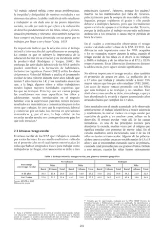 201
“El trabajo infantil refleja, como pocas problemáticas,
la inequidad y desigualdad de nuestras sociedades y sus
sistemaseducativos.Ladoblecondicióndeniñoestudiante
y trabajador es sin duda una de las peores injusticias
sociales, no sólo por todo lo que refiere a la vulneración
de derechos fundamentales en los niños, niñas y jóvenes,
situación prioritaria y relevante, sino también porque los
hace competir en franca desventaja con sus pares que no
trabajan, por llegar a ser y hacer” (pág. 103)
Es importante indicar que la relación entre el trabajo
infantil y la formación del capital humano es compleja.
Lo común es que se subraye la importancia de la
educación formal en su creación y su incidencia sobre
la productividad (Rodríguez y Vargas, 2009). Sin
embargo, las actividades laborales de los NNA también
pueden contribuir a la formación de habilidades,
inclusive las cognitivas. Ponce (2012) utiliza los datos
del proyecto Niños del Milenio y analiza el desempeño
escolar de una cohorte durante siete años (desde que
tenían 7 años hasta los 14) y los resultados muestran
que, a la larga, algunos niños y niñas trabajadores
rurales logran mayores habilidades cognitivas que
los que no trabajan. Pero hay que ser cautos porque
las condiciones son muy específicas: los niños y
adolescentes rurales involucrados en el negocio
familiar, con la supervisión parental, tienen mejores
resultados en matemáticas y comunicación pero no los
otros que trabajan. Se cree que la experiencia laboral
y comercial, por un lado, los entrena en operaciones
matemáticas y, por el otro, la baja calidad de las
escuelas rurales resulta ser contraproducente para los
que solo estudian.6
2.3 Atraso o rezago escolar
El atraso escolar de los NNA que trabajan es causado
por varios factores. En un estudio cualitativo realizado
en el presente año en el cual fueron entrevistadas 24
niñas que habían emigrado a Cusco para trabajar como
trabajadoras del hogar, el atraso escolar se debía a tres
6  Kana et al (2010) realizan una revisión de estudios relacionando trabajo
con educación - especialmente en áreas rurales- y concluyen que la relación
puede ser negativa o positiva dependiendo del tipo de trabajo y el tiempo
dedicado, pero que en algunos casos termina siendo beneficioso.
principales factores7
. Primero, porque los padres/
madres no las matriculaban por falta de recursos,
principalmente para la compra de materiales y útiles.
Segundo, porque repitieron el grado y ello puede
deberse a múltiples factores, pero que normalmente
apunta a falta de apoyo en el trabajo escolar. Tercero,
porque la dedicación al trabajo no permite suficiente
dedicación a los estudios o causa mayor pérdida de
hora de clases.
En el cuadro a continuación observamos el rezago
escolar calculado sobre la base de la ENAHO 2011. Las
diferencias más importantes entre los NNA ocupados
y los no ocupados, ocurre durante la niñez, cuando el
rezago escolar de los niños es el 20.0% si no trabajan
y 30.8% si trabajan; y de las niñas los es el 17.2 y 32.5%
respectivamente. Estas diferencias disminuyen durante
la adolescencia, pero siguen siendo significativas.
No sólo es importante el rezago escolar, sino también
el promedio de atraso en años. La población de 6
a 17 años que trabaja y estudia tiende a tener 75%
mayor retraso que los que solo estudian (INEI, 2009).
Los casos de mayor retraso promedio son los NNA
que solo trabajan o no trabajan y no estudian. Este
abultado retraso escolar se debe, sin embargo, a que ya
han abandonado la escuela y siguen acumulando años
atrasados hasta que cumplan los 17 años.
Estos resultados son el simple acumulado de lo observado
anteriormente: el trabajo infantil lleva a menor asistencia
y rendimiento, lo cual se traduce en rezago escolar por
repetición de grado y, en muchos casos, influye en la
deserción. El retraso escolar –más allá de las causas
inmediatas– es una de las principales razones para
abandonar la escuela, muchas veces por el estigma que
significa estudiar con personas de menor edad. En el
estudio cualitativo antes mencionado, solo 2 de las 24
niñas no tenían retraso escolar. Algunas de las púberes-
adolescentesyasufríanunatrasonotable:teníande13a15
años y aún se encontraban cursando cuarto de primaria,
cuando la edad promedio para ese grado es 9 años. Debido
a este retraso, cuando las niñas fueron exitosamente
7  Estudio que he supervisado, realizado por la ONG CESIP (Centro de
Estudios Sociales y Publicaciones) y aún no publicado. Se identificaron a
24 niñas que estudiaban en varios CEBA en Cusco que habían emigrado a la
ciudad desde sus comunidades campesinas para laborar como trabajadoras del
hogar. Se les aplicó una ficha y se les realizó una entrevista a profundidad. A su
vez se entrevistaron a sus padres y madres en las comunidades de origen y se
realizaron diagnósticos rápidos a las comunidades. El principal objetivo de la
investigación era analizar los factores que debilitaban la función protectora de
la familia, comunidad y el Estado y obligaban a las niñas a ir a la ciudad (todas
menores de 12 años al migrar).
Porcentaje
con rezago escolar
No trabajan Trabajan
Niño Niña Niño Niña
Rural Urbano Total Rural Urbano Total Rural Urbano Total Rural Urbano Total
6-13 años 30.3 17.4 20.0 26.4 14.8 17.2 35.8 20.2 30.8 38.1 21.0 32.5
14-17 años 52.8 32.2 35.4 44.2 24.0 27.3 49.9 36.5 43.2 45.4 28.6 36.9
Fuente: MINTRA, 2012
Elaboración propia
 