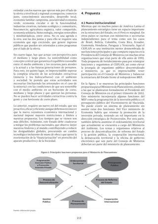 213
estándar con los nuevos que operan más por el lado de
la oferta a nivel local y regional: econegocios, comercio
justo, conocimientos ancestrales, desarrollo local,
economía familiar campesina, asociatividad economía
verde, economía circular o de la funcionalidad,
industrias creativas, turismo ecológico y comunitario,
biocomercio, agricultura orgánica, valor compartido,
economía solidaria, biotecnología, energías renovables
y minihidráulicas, entre otros. No es una agenda o
la otra, son las dos juntas y para ello se requiere una
economía que siga creciendo, que genere ingresos
públicos que pueden ser orientados a estos programas
por el lado de la oferta.
En cuarto lugar, hay que actuar con perspectiva para
el mediano y largo plazo. La sostenibilidad como
concepto central que garantiza el equilibrio razonable
entre el medio ambiente y los recursos para atender
a la actual y a las futuras generaciones de peruanos.
Para esto, en quinto lugar, es imprescindible superar
la compleja relación de las actividades extractivas
(minería y los hidrocarburos) con el ambiente
y sociedad. Se postula que estas actividades son
necesarias (incluyendo las artesanales en el caso de
la minería) con las condiciones de que sea sostenible
con el medio ambiente en un horizonte de corto,
mediano y largo plazos y que quieran las personas.
No se pueden hacer actividades extractivas contra la
gente y con horizonte de corto plazo.
Lo anterior, requiere un nuevo rol del estado, que sea
proactivo,eficazyeficiente;aunquedebemosreconocer
que la nueva coyuntura económica internacional y
nacional impone mayores restricciones y límites a
nuestras propuestas. Los tiempos que se vienen son
más difíciles. Asimismo, este Estado debe coadyuvar
a mitigar los problemas nacionales, que observe mejor
nuestros linderos y al mundo contribuyendo a reducir
las desigualdades globales, procurando un cambio
tecnológico incluyente de mano de obra y que apoye la
reorientación de la “financiarización” en provecho del
aparato productivo y de la Sociedad.
4.	Propuesta
4.1 Nueva institucionalidad
Mientras que en muchos países de América Latina el
planeamiento estratégico tiene un espacio importante
en la estructura del Estado, en el Perú es marginal. En
otros países se cuentan con ministerios o secretarías
independientes para el tema como son los casos
de Brasil, Bolivia, Colombia, Costa Rica, Ecuador,
Guatemala, Honduras, Paraguay y Venezuela. Aquí el
CEPLAN es una institución menor desmembrada de
sus funciones principales y que comparte espacios en la
Presidencia del Consejo de Ministros con muchas otras
organizaciones que eran parte de ella antes de 1992.
Toda propuesta de fortalecimiento pasa por reintegrar
funciones y organismos al CEPLAN, así como elevar
la jerarquía de organismo público descentralizado
a ministerio, ya que es imprescindible tener
participación en el Consejo de Ministros y balancear
la estructura del Estado frente al todopoderoso MEF.
En la figura 1 se muestran las principales funciones
propuestasparaelMinisteriodePlaneamiento,similares
a las que se plantearon formalmente al Presidente del
Consejo de Ministros en el primer trimestre de 2012.
Este ministerio incorporaría algunas funciones del
MEF como la programación de la inversión pública y el
presupuesto público del Viceministerio de Hacienda.
No puede existir un sistema de planeamiento sin
asumir estas dos funciones. Del Vice ministerio de
Economía habría que retomar la promoción de la
inversión privada, teniendo un rol importante en la
dirección estratégica de Proinversión. Por otra parte,
también debería asumirse el ordenamiento territorial
que actualmente se encuentra a cargo del Ministerio
del Ambiente. Los temas y organismos relativos al
proceso de descentralización, de reforma del Estado
y la gestión pública, la cooperación internacional,
la demarcación territorial y la oficina de gobierno
electrónico que son parte del Consejo de Ministros
deberían ser parte del ministerio de planeamiento.
Figura 1: Principales funciones propuestas para el Ministerio de Planeamiento
 