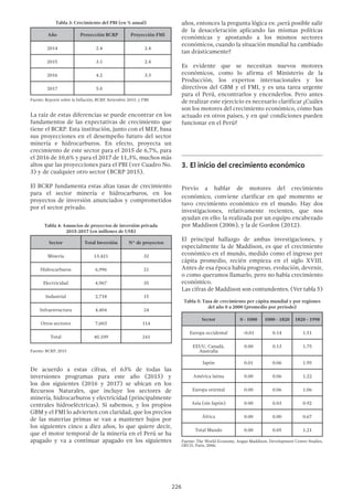 226
Año Proyección BCRP Proyección FMI
2014 2.4 2.4
2015 3.1 2.4
2016 4.2 3.3
2017 5.0
Fuente: Reporte sobre la Inflación, BCRP, Setiembre 2015, y FMI
La raíz de estas diferencias se puede encontrar en los
fundamentos de las expectativas de crecimiento que
tiene el BCRP. Esta institución, junto con el MEF, basa
sus proyecciones en el desempeño futuro del sector
minería e hidrocarburos. En efecto, proyecta un
crecimiento de este sector para el 2015 de 6,7%, para
el 2016 de 10,6% y para el 2017 de 11,3%, muchos más
altos que las proyecciones para el PBI (ver Cuadro No.
3) y de cualquier otro sector (BCRP 2015).
El BCRP fundamenta estas altas tasas de crecimiento
para el sector minería e hidrocarburos, en los
proyectos de inversión anunciados y comprometidos
por el sector privado.
Tabla 4: Anuncios de proyectos de inversión privada
2015-2017 (en millones de US$)
Sector Total Inversión N° de proyectos
Minería 13,421 32
Hidrocarburos 6,996 21
Electricidad 4,967 35
Industrial 2,718 15
Infraestructura 4,404 24
Otros sectores 7,603 114
Total 40,109 241
Fuente: BCRP, 2015
De acuerdo a estas cifras, el 63% de todas las
inversiones programas para este año (2015) y
los dos siguientes (2016 y 2017) se ubican en los
Recursos Naturales, que incluye los sectores de
minería, hidrocarburos y electricidad (principalmente
centrales hidroeléctricas). Si sabemos, y los propios
GBM y el FMI lo advierten con claridad, que los precios
de las materias primas se van a mantener bajos por
los siguientes cinco a diez años, lo que quiere decir,
que el motor temporal de la minería en el Perú se ha
apagado y va a continuar apagado en los siguientes
años, entonces la pregunta lógica es: ¿será posible salir
de la desaceleración aplicando las mismas políticas
económicas y apostando a los mismos sectores
económicos, cuando la situación mundial ha cambiado
tan drásticamente?
Es evidente que se necesitan nuevos motores
económicos, como lo afirma el Ministerio de la
Producción, los expertos internacionales y los
directivos del GBM y el FMI, y es una tarea urgente
para el Perú, encontrarlos y encenderlos. Pero antes
de realizar este ejercicio es necesario clarificar ¿Cuáles
son los motores del crecimiento económico, cómo han
actuado en otros países, y en qué condiciones pueden
funcionar en el Perú?
3.	El inicio del crecimiento económico
Previo a hablar de motores del crecimiento
económico, conviene clarificar en qué momento se
tuvo crecimiento económico en el mundo. Hay dos
investigaciones, relativamente recientes, que nos
ayudan en ello: la realizada por un equipo encabezado
por Maddison (2006), y la de Gordon (2012).
El principal hallazgo de ambas investigaciones, y
especialmente la de Maddison, es que el crecimiento
económico en el mundo, medido como el ingreso per
cápita promedio, recién empieza en el siglo XVIII.
Antes de esa época había progreso, evolución, devenir,
o como queramos llamarlo, pero no había crecimiento
económico.
Las cifras de Maddison son contundentes. (Ver tabla 5)
Sector 0 - 1000 1000 - 1820 1820 - 1998
Europa occidental -0.01 0.14 1.51
EEUU, Canadá,
Australia
0.00 0.13 1.75
Japón 0.01 0.06 1.95
América latina 0.00 0.06 1.22
Europa oriental 0.00 0.06 1.06
Asia (sin Japón) 0.00 0.03 0.92
África 0.00 0.00 0.67
Total Mundo 0.00 0.05 1.21
Fuente: The World Economy, Angus Maddison, Development Centre Studies,
OECD, Paris, 2006.
 