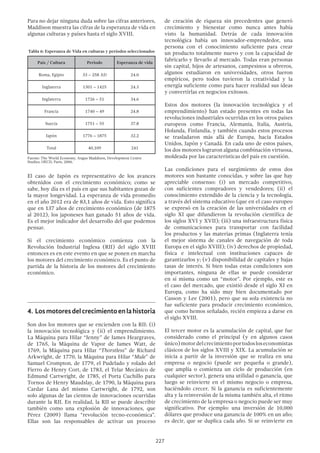 227
Para no dejar ninguna duda sobre las cifras anteriores,
Maddison muestra las cifras de la esperanza de vida en
algunas culturas y países hasta el siglo XVIII.
País / Cultura Periodo Esperanza de vida
Roma, Egipto 33 – 258 AD 24.0
Inglaterra 1301 – 1425 24.3
Inglaterra 1726 – 51 34.6
Francia 1740 – 49 24.8
Suecia 1751 – 55 37.8
Japón 1776 – 1875 32.2
Total 40,109 241
Fuente: The World Economy, Angus Maddison, Development Centre
Studies, OECD, Paris, 2006.
El caso de Japón es representativo de los avances
obtenidos con el crecimiento económico; como se
sabe, hoy día es el país en que sus habitantes gozan de
la mayor longevidad. La esperanza de vida promedio
en el año 2012 era de 83,1 años de vida. Esto significa
que en 137 años de crecimiento económico (de 1875
al 2012), los japoneses han ganado 51 años de vida.
Es el mejor indicador del desarrollo del que podemos
pensar.
Si el crecimiento económico comienza con la
Revolución Industrial Inglesa (RII) del siglo XVIII
entonces es en este evento en que se ponen en marcha
los motores del crecimiento económico. Es el punto de
partida de la historia de los motores del crecimiento
económico.
4.	Losmotoresdelcrecimientoenlahistoria
Son dos los motores que se encienden con la RII: (i)
la innovación tecnológica y (ii) el emprendimiento.
La Máquina para Hilar “Jenny” de James Heargraves,
de 1765, la Máquina de Vapor de James Watt, de
1769, la Máquina para Hilar “Thorstless” de Richard
Arkwright, de 1770, la Máquina para Hilar “Mule” de
Samuel Crompton, de 1779, el Pudelado y rolado del
Fierro de Henry Cort, de 1783, el Telar Mecánico de
Edmund Cartwright, de 1785, el Porta Cuchillo para
Tornos de Henry Maudslay, de 1790, la Máquina para
Cardar Lana del mismo Cartwright, de 1792, son
solo algunas de las cientos de innovaciones ocurridas
durante la RII. En realidad, la RII se puede describir
también como una explosión de innovaciones, que
Pérez (2009) llama “revolución tecno-económica”.
Ellas son las responsables de activar un proceso
de creación de riqueza sin precedentes que generó
crecimiento y bienestar como nunca antes había
visto la humanidad. Detrás de cada innovación
tecnológica había un innovador-emprendedor, una
persona con el conocimiento suficiente para crear
un producto totalmente nuevo y con la capacidad de
fabricarlo y llevarlo al mercado. Todas eran personas
sin capital, hijos de artesanos, campesinos u obreros,
algunos estudiaron en universidades, otros fueron
empíricos, pero todos tuvieron la creatividad y la
energía suficiente como para hacer realidad sus ideas
y convertirlas en negocios exitosos.
Estos dos motores (la innovación tecnológica y el
emprendimiento) han estado presentes en todas las
revoluciones industriales ocurridas en los otros países
europeos como Francia, Alemania, Italia, Austria,
Holanda, Finlandia, y también cuando estos procesos
se trasladaron más allá de Europa, hacia Estados
Unidos, Japón y Canadá. En cada uno de estos países,
los dos motores lograron alguna combinación virtuosa,
moldeada por las características del país en cuestión.
Las condiciones para el surgimiento de estos dos
motores son bastante conocidas, y sobre las que hay
apreciable consenso: (i) un mercado competitivo,
con suficientes compradores y vendedores; (ii) el
conocimiento extendido de la ciencia y la tecnología,
a través del sistema educativo (que en el caso europeo
se expresó en la creación de las universidades en el
siglo XI que difundieron la revolución científica de
los siglos XVI y XVII); (iii) una infraestructura física
de comunicaciones para transportar con facilidad
los productos y las materias primas (Inglaterra tenía
el mejor sistema de canales de navegación de toda
Europa en el siglo XVIII); (iv) derechos de propiedad,
física e intelectual con instituciones capaces de
garantizarlos y; (v) disponibilidad de capitales y bajas
tasas de interés. Si bien todas estas condiciones son
importantes, ninguna de ellas se puede considerar
en sí misma como un “motor”. Por ejemplo, este es
el caso del mercado, que existió desde el siglo XI en
Europa, como ha sido muy bien documentado por
Casson y Lee (2001), pero que su sola existencia no
fue suficiente para producir crecimiento económico,
que como hemos señalado, recién empieza a darse en
el siglo XVIII.
El tercer motor es la acumulación de capital, que fue
considerado como el principal (y en algunos casos
único)motordelcrecimientoportodosloseconomistas
clásicos de los siglos XVIII y XIX. La acumulación se
inicia a partir de la inversión que se realiza en una
empresa o negocio (puede ser pequeña o grande),
que amplía o comienza un ciclo de producción (en
cualquier sector), genera una utilidad o ganancia, que
luego se reinvierte en el mismo negocio o empresa,
haciéndolo crecer. Si la ganancia es suficientemente
alta y la reinversión de la misma también alta, el ritmo
de crecimiento de la empresa o negocio puede ser muy
significativo. Por ejemplo: una inversión de 10,000
dólares que produce una ganancia de 100% en un año;
es decir, que se duplica cada año. Si se reinvierte en
 