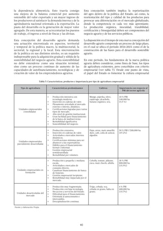 40
la dependencia alimenticia. Esto traería consigo
una mejora de la balanza comercial por aumento
ostensible del valor exportado y un mayor ingreso de
los productores al satisfacer la demanda interna y de la
agroindustria nacional orientada a la exportación. La
pauta del desarrollo es la generación de mayor valor
agregado. De esta manera, se acrecentarían los puestos
de trabajo, el ingreso a nivel de fincas y las divisas.
Esta concepción del desarrollo agrario demanda
una actuación sincronizada en aspectos, territorial
y temporal de la política macro, la multisectorial, la
sectorial, la regional y la local. Esta sincronización
de la política en sus distintos niveles, es un requisito
indispensable para la adquisición gradual y sólida de la
sostenibilidad del negocio agrario. Esta sostenibilidad
no debe entenderse como una situación terminal,
sino como un proceso continuo de aumento de las
capacidades de autofinanciamiento, tecnológicas y de
creación de valor de los emprendedores agrarios.
Esta concepción también implica la repriorización
del agro dentro de la política del Estado; así como, la
reorientación del tipo y calidad de los productos para
provocar una diferenciación en el mercado globalizado,
donde la competencia es cada vez más apremiante.
La producción orgánica, inocuidad, trazabilidad,
certificación y bioseguridad deben ser componentes del
negocio agrario y de los servicios públicos.
La disposición en el tiempo de esta nueva concepción del
desarrollo agrario comprende un proceso de largo plazo,
en el cual se ubica el periodo 2016-2021 como el de la
construcción de las bases para el desarrollo sostenible
agrario.
En este periodo, los fundamentos de la nueva política
agraria deben considerar, como línea de base, los tipos
de agricultura existentes, pero concebidos con criterio
empresarial (ver tabla 7). Desde este punto de vista,
el papel del Estado es fomentar la cultura empresarial
Tabla 7: Características, productos e importancia por tipo de agricultura empresarial
Tipo de agricultura Características predominantes Cultivos Importancia con respecto al
PBI del sector agrícola
Unidades empresariales
consolidadas	
•	 Producción intensiva con
tecnología moderna.
•	 Inserción en cadenas de valor.
•	 Plenamente articulado al mercado
externo e interno, dinámico.
•	 Certificaciones logradas para varios
tipos de mercado.
•	 Alto nivel de gestión institucional.
•	 Gran facilidad para financiamiento
de la banca de multiservicios
•	 Rentabilidad significativa
•	 Sostenibilidad del negocio.
Mango, páprika, olivo,
espárrago, alcachofa,
banano orgánico, uva.
10 % PBI
140,000 ha
(5.5 %)
Unidades empresariales
parcialmente desarrolladas
•	 Producción extensiva.
•	 Inserción en cadenas de valor.
•	 Articulados a mercados internos
dinámicos.
•	 Certificaciones mínimas para ser
abastecer a las exportadoras.
•	 Hábiles para el financiamiento
formal e informal.
•	 Gestión empresarial
semidesarollada
•	 Rentabilidad por volumen.
Papa, arroz, maíz amarillo
duro, café, caña de azúcar,
algodón.
50 % PBI 1’200,000 ha
(47.2%)
Unidades empresariales en
formación
•	 Producción a pequeña y mediana
escala.
•	 Articulados a mercados de
consumo directo.
•	 Canalizan financiamiento de banca
de fomento.
•	 Gestión empresarial incipiente.
•	 Rentabilidad muy impactada por el
mercado.
Cebolla, tomate, plátano,
yuca, maíz choclo, alfalfa.
36 % PBI
800,000 ha
(31.5%)
Unidades desarticuladas del
mercado
•	 Producción muy fragmentada.
•	 Producción con baja tecnología.
•	 Sin acceso a servicios del Estado.
•	 Dificultad para el financiamiento.
•	 Orientada al autoconsumo e
intercambio.
•	 Descapitalización continua.
Trigo, cebada, oca,
cebada en grano, haba en
grano.
4 % PBI
400,000 ha
(15.7%)
Fuente y elaboración: Propia
 
