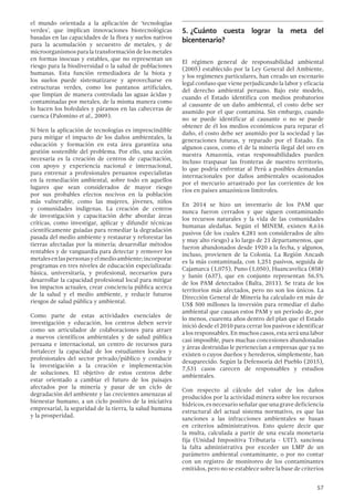 57
el mundo orientada a la aplicación de ‘tecnologías
verdes’, que implican innovaciones biotecnológicas
basadas en las capacidades de la flora y suelos nativos
para la acumulación y secuestro de metales, y de
microorganismos para la transformación de los metales
en formas inocuas y estables, que no representan un
riesgo para la biodiversidad o la salud de poblaciones
humanas. Esta función remediadora de la biota y
los suelos puede sistematizarse y aprovecharse en
estructuras verdes, como los pantanos artificiales,
que limpian de manera controlada las aguas ácidas y
contaminadas por metales, de la misma manera como
lo hacen los bofedales y páramos en las cabeceras de
cuenca (Palomino et al., 2009).
Si bien la aplicación de tecnologías es imprescindible
para mitigar el impacto de los daños ambientales, la
educación y formación en esta área garantiza una
gestión sostenible del problema. Por ello, una acción
necesaria es la creación de centros de capacitación,
con apoyo y experiencia nacional e internacional,
para entrenar a profesionales peruanos especialistas
en la remediación ambiental, sobre todo en aquellos
lugares que sean considerados de mayor riesgo
por sus probables efectos nocivos en la población
más vulnerable, como las mujeres, jóvenes, niños
y comunidades indígenas. La creación de centros
de investigación y capacitación debe abordar áreas
críticas, como investigar, aplicar y difundir técnicas
científicamente guiadas para remediar la degradación
pasada del medio ambiente y restaurar y reforestar las
tierras afectadas por la minería; desarrollar métodos
rentables y de vanguardia para detectar y remover los
metalesenlaspersonasyelmedioambiente;incorporar
programas en tres niveles de educación especializada:
básica, universitaria, y profesional, necesarios para
desarrollar la capacidad profesional local para mitigar
los impactos actuales, crear conciencia pública acerca
de la salud y el medio ambiente, y reducir futuros
riesgos de salud pública y ambiental.
Como parte de estas actividades esenciales de
investigación y educación, los centros deben servir
como un articulador de colaboraciones para atraer
a nuevos científicos ambientales y de salud pública
peruana e internacional, un centro de recursos para
fortalecer la capacidad de los estudiantes locales y
profesionales del sector privado/público y conducir
la investigación a la creación e implementación
de soluciones. El objetivo de estos centros debe
estar orientado a cambiar el futuro de los paisajes
afectados por la minería y pasar de un ciclo de
degradación del ambiente y las crecientes amenazas al
bienestar humano, a un ciclo positivo de la iniciativa
empresarial, la seguridad de la tierra, la salud humana
y la prosperidad.
5.	¿Cuánto cuesta lograr la meta del
bicentenario?
El régimen general de responsabilidad ambiental
(2005) establecido por la Ley General del Ambiente,
y los regímenes particulares, han creado un escenario
legal confuso que viene perjudicando la labor y eficacia
del derecho ambiental peruano. Bajo este modelo,
cuando el Estado identifica con medios probatorios
al causante de un daño ambiental, el costo debe ser
asumido por el que contamina. Sin embargo, cuando
no se puede identificar al causante o no se puede
obtener de él los medios económicos para reparar el
daño, el costo debe ser asumido por la sociedad y las
generaciones futuras, y reparado por el Estado. En
algunos casos, como el de la minería ilegal del oro en
nuestra Amazonía, estas responsabilidades pueden
incluso traspasar las fronteras de nuestro territorio,
lo que podría enfrentar al Perú a posibles demandas
internacionales por daños ambientales ocasionados
por el mercurio arrastrado por las corrientes de los
ríos en países amazónicos limítrofes.
En 2014 se hizo un inventario de los PAM que
nunca fueron cerrados y que siguen contaminando
los recursos naturales y la vida de las comunidades
humanas aledañas. Según el MINEM, existen 8,616
pasivos (de los cuales 4,281 son considerados de alto
y muy alto riesgo) a lo largo de 21 departamentos, que
fueron abandonados desde 1920 a la fecha, y algunos,
incluso, provienen de la Colonia. La Región Ancash
es la más contaminada, con 1,251 pasivos, seguida de
Cajamarca (1,075), Puno (1,050), Huancavelica (858)
y Junín (637), que en conjunto representan 56.5%
de los PAM detectados (Balta, 2011). Se trata de los
territorios más afectados, pero no son los únicos. La
Dirección General de Minería ha calculado en más de
US$ 500 millones la inversión para remediar el daño
ambiental que causan estos PAM y un periodo de, por
lo menos, cuarenta años dentro del plan que el Estado
inició desde el 2010 para cerrar los pasivos e identificar
a los responsables. En muchos casos, esta será una labor
casi imposible, pues muchas concesiones abandonadas
y áreas destruidas le pertenecían a empresas que ya no
existen o cuyos dueños y herederos, simplemente, han
desaparecido. Según la Defensoría del Pueblo (2015),
7,531 casos carecen de responsables y estudios
ambientales.
Con respecto al cálculo del valor de los daños
producidos por la actividad minera sobre los recursos
hídricos,esnecesarioseñalarqueunagravedeficiencia
estructural del actual sistema normativo, es que las
sanciones a las infracciones ambientales se basan
en criterios administrativos. Esto quiere decir que
la multa, calculada a partir de una escala monetaria
fija (Unidad Impositiva Tributaria - UIT), sanciona
la falta administrativa por exceder un LMP de un
parámetro ambiental contaminante, o por no contar
con un registro de monitoreo de los contaminantes
emitidos, pero no se establece sobre la base de criterios
 