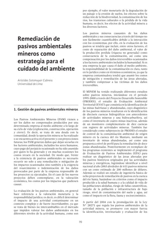 70
Remediación de
pasivos ambientales
mineros como
estrategia para el
cuidado del ambiente
Arístides Sotomayor Cabrera
Universidad de Lima
1.	Gestión de pasivos ambientales mineros
Los Pasivos Ambientales Mineros (PAM) vienen a
ser los daños no compensados producidos por una
determinada empresa al medio ambiente a lo largo de
su ciclo de vida (exploración, construcción, operación
y cierre). Es decir, se trata de una deuda con la
comunidad, donde la operación minera se ha realizado
o se encuentra activa en el presente y con proyecciones
futuras; los PAM generan daños que dejan secuelas en
los factores ambientales, incluidos los seres humanos,
cuyo pago del perjuicio ocasionado no ha sido asumido
por quien lo ha generado y en muchas ocasiones los
costos recaen en la sociedad. De modo que, frente
a la existencia de pasivos ambientales es necesario
recurrir no solo a una remediación o mitigación de
los impactos ocasionados sino también a la exigencia
del resarcimiento o indemnización de los daños
provocados por parte de la empresa responsable de
los proyectos ya ejecutados. En el caso de los nuevos
proyectos deben contemplarse, en la valoración
económica, los costos por los impactos que pudiesen
causar.
La evaluación de los pasivos ambientales, en general
hace referencia a la valoración monetaria y la
responsabilidad jurídica; es decir, es difícil determinar
el impacto de una actividad contaminante en un
contexto complejo y de fuerte incertidumbre, ya que
se trata de bienes no intercambiables en el mercado
que impiden valorar los daños ambientales en los
diferentes niveles de la actividad humana, como son
por ejemplo, el valor monetario de la degradación de
un paisaje o la erosión de suelos, los efectos sobre la
reducción de la biodiversidad, la contaminación de los
ríos, los trastornos culturales o la pérdida de la vida
humana, es decir, los efectos de la actividad minera a
los diversos factores.
Los pasivos mineros causantes de los daños
ambientales y sus consecuencias a través del tiempo no
son fácilmente cuantificables debido a la interacción
con los ecosistemas; por ello, en la evaluación de los
pasivos se tendría que incluir, entre otros factores, el
costo de reparación del daño ambiental, el valor de
la producción perdida (riqueza no generada) como
consecuencia de la contaminación, así como una
compensación por los daños irreversibles ocasionados
a los factores ambientales incluidos la humanidad. Si es
una empresa la que causa el daño al medio ambiente,
la responsabilidad de la contaminación es clara, tanto
en lo jurídico como en términos económicos, ya que la
empresa contaminadora tendrá que asumir los costos
de mitigación y remediación de las áreas alteradas,
y también compensar a las víctimas de los daños
irreversibles.
El MINEM ha venido realizando diferentes estudios
sobre pasivos mineros, iniciándose en el periodo
1995-2000 a través del Proyecto Desarrollo Sostenible
(PRODES), el estudio de Evaluación Ambiental
Territorial (EVAT) que consistía en la identificación de
las minas huérfanas y abandonadas, cuyo diagnóstico
de los pasivos mineros resultaron en la identificación
de dieciseis cuencas hidrográficas con antecedentes
de actividades mineras y una hidrocarburífera, así
como el inventario de cuatro minas inactivas, además
de un monitoreo complementario de diez cuencas
con registro de actividades mineras. También fue
considerado como subproyecto de PRODES el estudio
de control de la contaminación ambiental de origen
minero en la cuenca del río Mantaro, mediante un
inventario de minas abandonadas, así como una
propuesta a nivel de perfil para la remediación de doce
zonas abandonadas. Posteriormente en reemplazo de
los programas existentes se implementó el programa
de Evaluación de Pasivos Ambientales (EPA) para
realizar un diagnóstico de las áreas alteradas por
los pasivos históricos originados por las actividades
mineras y energéticas, lográndose identificar a nivel
nacional al año 2003 alrededor de 611 pasivos mineros
con un costo estimado de 200 millones de dólares.
Además se realizó un estudio de ingeniería básica de
ocho proyectos de remediación de pasivos en la cuenca
del río Santa, basándose en criterios como el impacto
producido a la salud humana y a la calidad de vida de
las poblaciones aledañas, riesgo de fallas catastróficas,
tamaño de la población e infraestructura de bajo
riesgo, nivel de contaminación del suelo y agua, así
como el impacto en la flora, fauna y socioeconómico.
A partir del 2004 con la promulgación de la Ley
N° 28271 que regula los pasivos ambientales de la
actividad minera, se promueve con mayor fuerza
la identificación, inventariado y evaluación de los
 