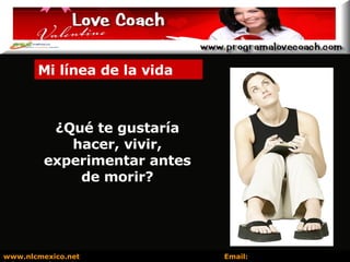 Mi línea de la vida ¿Qué te gustaría hacer, vivir, experimentar antes de morir? www.nlcmexico.net  Email:  informes@nlcmexico.com 