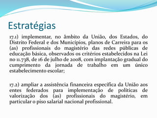 Estratégias
17.1) implementar, no âmbito da União, dos Estados, do
Distrito Federal e dos Municípios, planos de Carreira para os
(as) profissionais do magistério das redes públicas de
educação básica, observados os critérios estabelecidos na Lei
no 11.738, de 16 de julho de 2008, com implantação gradual do
cumprimento da jornada de trabalho em um único
estabelecimento escolar;
17.2) ampliar a assistência financeira específica da União aos
entes federados para implementação de políticas de
valorização dos (as) profissionais do magistério, em
particular o piso salarial nacional profissional.
 