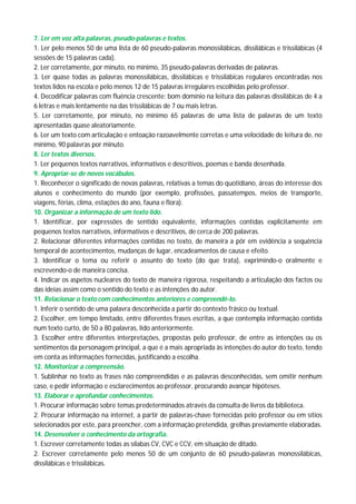 7. Ler em voz alta palavras, pseudo-palavras e textos.
1. Ler pelo menos 50 de uma lista de 60 pseudo-palavras monossilábicas, dissilábicas e trissilábicas (4
sessões de 15 palavras cada).
2. Ler corretamente, por minuto, no mínimo, 35 pseudo-palavras derivadas de palavras.
3. Ler quase todas as palavras monossilábicas, dissilábicas e trissilábicas regulares encontradas nos
textos lidos na escola e pelo menos 12 de 15 palavras irregulares escolhidas pelo professor.
4. Decodificar palavras com fluência crescente: bom domínio na leitura das palavras dissilábicas de 4 a
6 letras e mais lentamente na das trissilábicas de 7 ou mais letras.
5. Ler corretamente, por minuto, no mínimo 65 palavras de uma lista de palavras de um texto
apresentadas quase aleatoriamente.
6. Ler um texto com articulação e entoação razoavelmente corretas e uma velocidade de leitura de, no
mínimo, 90 palavras por minuto.
8. Ler textos diversos.
1. Ler pequenos textos narrativos, informativos e descritivos, poemas e banda desenhada.
9. Apropriar-se de novos vocábulos.
1. Reconhecer o significado de novas palavras, relativas a temas do quotidiano, áreas do interesse dos
alunos e conhecimento do mundo (por exemplo, profissões, passatempos, meios de transporte,
viagens, férias, clima, estações do ano, fauna e flora).
10. Organizar a informação de um texto lido.
1. Identificar, por expressões de sentido equivalente, informações contidas explicitamente em
pequenos textos narrativos, informativos e descritivos, de cerca de 200 palavras.
2. Relacionar diferentes informações contidas no texto, de maneira a pôr em evidência a sequência
temporal de acontecimentos, mudanças de lugar, encadeamentos de causa e efeito.
3. Identificar o tema ou referir o assunto do texto (do que trata), exprimindo-o oralmente e
escrevendo-o de maneira concisa.
4. Indicar os aspetos nucleares do texto de maneira rigorosa, respeitando a articulação dos factos ou
das ideias assim como o sentido do texto e as intenções do autor.
11. Relacionar o texto com conhecimentos anteriores e compreendê-lo.
1. Inferir o sentido de uma palavra desconhecida a partir do contexto frásico ou textual.
2. Escolher, em tempo limitado, entre diferentes frases escritas, a que contempla informação contida
num texto curto, de 50 a 80 palavras, lido anteriormente.
3. Escolher entre diferentes interpretações, propostas pelo professor, de entre as intenções ou os
sentimentos da personagem principal, a que é a mais apropriada às intenções do autor do texto, tendo
em conta as informações fornecidas, justificando a escolha.
12. Monitorizar a compreensão.
1. Sublinhar no texto as frases não compreendidas e as palavras desconhecidas, sem omitir nenhum
caso, e pedir informação e esclarecimentos ao professor, procurando avançar hipóteses.
13. Elaborar e aprofundar conhecimentos.
1. Procurar informação sobre temas predeterminados através da consulta de livros da biblioteca.
2. Procurar informação na internet, a partir de palavras-chave fornecidas pelo professor ou em sítios
selecionados por este, para preencher, com a informação pretendida, grelhas previamente elaboradas.
14. Desenvolver o conhecimento da ortografia.
1. Escrever corretamente todas as sílabas CV, CVC e CCV, em situação de ditado.
2. Escrever corretamente pelo menos 50 de um conjunto de 60 pseudo-palavras monossilábicas,
dissilábicas e trissilábicas.
 