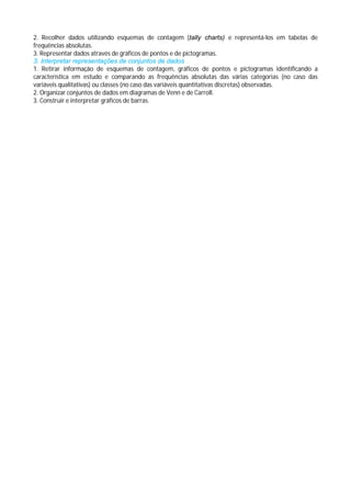 2. Recolher dados utilizando esquemas de contagem (tally charts) e representá-los em tabelas de
frequências absolutas.
3. Representar dados através de gráficos de pontos e de pictogramas.
3. Interpretar representações de conjuntos de dados
1. Retirar informação de esquemas de contagem, gráficos de pontos e pictogramas identificando a
característica em estudo e comparando as frequências absolutas das várias categorias (no caso das
variáveis qualitativas) ou classes (no caso das variáveis quantitativas discretas) observadas.
2. Organizar conjuntos de dados em diagramas de Venn e de Carroll.
3. Construir e interpretar gráficos de barras.
 