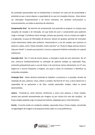 Página 4
Os conteúdos apresentados são os fundamentais a introduzir em cada ano de escolaridade e
pretende-se que o aluno adquira a capacidade de os usar em situações diversas. Estes devem
ser reforçados frequentemente e de forma interativa, em contexto comunicativo e,
transversalmente, em todos os domínios de referência.
Compreensão Oral - No domínio da compreensão oral pretende-se preparar as crianças para
situações de receção e de interação, em que terão de ouvir e compreender para poderem
reagir e interagir. O professor deve interagir, sempre que possível, com as crianças em inglês e
a progressão, no grau de dificuldade do discurso, deverá ser gradual, partindo de instruções
muito elementares dadas pelo professor. Recomenda-se o uso de canções que associam as
palavras a ações, como “Head, shoulders, knees and toes” ou “If you’re happy and you know it,
clap your hands” e, sempre que possível, o recurso a pequenas histórias conhecidas em suporte
audiovisual.
Interação Oral - No 1.º ciclo do ensino básico, a interação é ainda de cariz elementar. No 3.º
ano, centra-se fundamentalmente na utilização de palavras isoladas ou expressões fixas,
evoluindo gradualmente para o uso de frases e de estruturas menos elementares no 4.º ano.
Sugere-se o recurso frequente a imagens, nas quais o aluno irá reconhecer e identificar os
conteúdos estudados.
Produção Oral - Neste domínio pretende-se trabalhar a pronúncia e a prosódia, através da
repetição de sons, palavras, rimas, chants e canções. No final do 4.º ano, o aluno deverá ter a
capacidade de se apresentar e de falar, usando expressões simples, sobre os temas
desenvolvidos.
Leitura - Pretende-se, neste domínio, familiarizar o aluno com palavras e frases simples,
sempre que possível acompanhadas por imagens ou por música (no caso das canções). As
frases simples poderão surgir em pequenas histórias, adaptadas para o nível elementar.
Escrita - A escrita incide em vocábulos isolados, expressões fixas e frases simples, consistindo
na legendagem de imagens e de pequenos textos sobre si e suas preferências.
 
