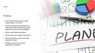 Prática
• Como você deseja que sua vida
esteja daqui a um ano?
• O que você deveria aprender que
você ainda não sabe para que este
objetivo se torne uma realidade?
• Quem você deveria perdoar?
• Como está sua conexão com Deus?
• Como, quando e o que você está
disposto a fazer?
• Coloque tudo em um plano
detalhado. (modelo)
 