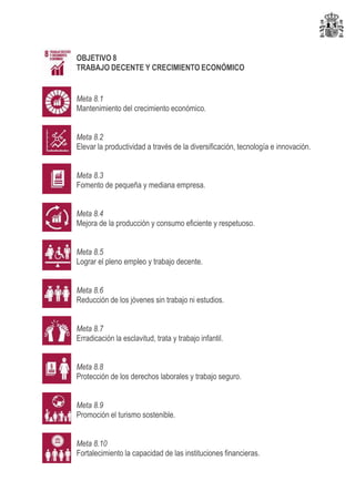 OBJETIVO 8
TRABAJO DECENTE Y CRECIMIENTO ECONÓMICO
Meta 8.1
Mantenimiento del crecimiento económico.
Meta 8.2
Elevar la productividad a través de la diversificación, tecnología e innovación.
Meta 8.3
Fomento de pequeña y mediana empresa.
Meta 8.4
Mejora de la producción y consumo eficiente y respetuoso.
Meta 8.5
Lograr el pleno empleo y trabajo decente.
Meta 8.6
Reducción de los jóvenes sin trabajo ni estudios.
Meta 8.7
Erradicación la esclavitud, trata y trabajo infantil.
Meta 8.8
Protección de los derechos laborales y trabajo seguro.
Meta 8.9
Promoción el turismo sostenible.
Meta 8.10
Fortalecimiento la capacidad de las instituciones financieras.
 