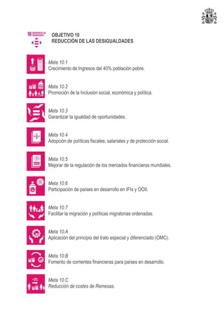 OBJETIVO 10
REDUCCIÓN DE LAS DESIGUALDADES
Meta 10.1
Crecimiento de Ingresos del 40% población pobre.
Meta 10.2
Promoción de la Inclusión social, económica y política.
Meta 10.3
Garantizar la igualdad de oportunidades.
Meta 10.4
Adopción de políticas fiscales, salariales y de protección social.
Meta 10.5
Mejorar de la regulación de los mercados financieros mundiales.
Meta 10.6
Participación de países en desarrollo en IFIs y OOII.
Meta 10.7
Facilitar la migración y políticas migratorias ordenadas.
Meta 10.A
Aplicación del principio del trato especial y diferenciado (OMC).
Meta 10.B
Fomento de corrientes financieras para países en desarrollo.
Meta 10.C
Reducción de costes de Remesas.
 