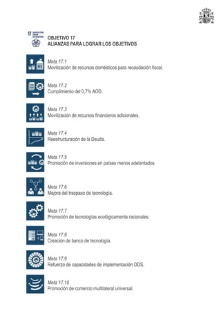 OBJETIVO 17
ALIANZAS PARA LOGRAR LOS OBJETIVOS
Meta 17.1
Movilización de recursos domésticos para recaudación fiscal.
Meta 17.2
Cumplimiento del 0,7% AOD.
Meta 17.3
Movilización de recursos financieros adicionales.
Meta 17.4
Reestructuración de la Deuda.
Meta 17.5
Promoción de inversiones en países menos adelantados.
Meta 17.6
Mejora del traspaso de tecnología.
Meta 17.7
Promoción de tecnologías ecológicamente racionales.
Meta 17.8
Creación de banco de tecnología.
Meta 17.9
Refuerzo de capacidades de implementación ODS.
Meta 17.10
Promoción de comercio multilateral universal.
 