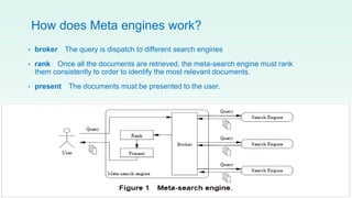 • broker The query is dispatch to different search engines
• rank Once all the documents are retrieved, the meta-search engine must rank
them consistently to order to identify the most relevant documents.
• present The documents must be presented to the user.
How does Meta engines work?
 