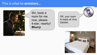 Siri, book a
room for me
now, please.
4-star, nearby!
#hurry
OK, your room
is ready at Viva
Garden.
This is what he envisions...
12
 