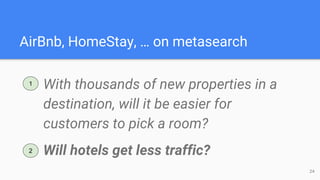 AirBnb, HomeStay, … on metasearch
24
With thousands of new properties in a
destination, will it be easier for
customers to pick a room?
Will hotels get less traffic?
1
2
 