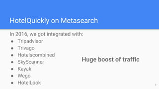 HotelQuickly on Metasearch
In 2016, we got integrated with:
● Tripadvisor
● Trivago
● Hotelscombined
● SkyScanner
● Kayak
● Wego
● HotelLook 3
Huge boost of traffic
 