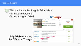 39
With the instant booking, is TripAdvisor
still just a metasearch?
Or becoming an OTA?
Food for thought
1
TripAdvisor among
the OTAs on Trivago
 