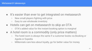 ● It’s easier than ever to get integrated on metasearch
○ New small players fighting with price
○ Easy to use wholesale inventory
● Hotels can get on metasearch to skip an OTA
○ OTA’s added value for the instant booking option is marginal
● A hotel room is a commodity (only price matters)
○ The hotel room is always the same if a customer books via Booking or
Agoda or Expedia
○ Millennials care less about loyalty, go for better value for money
Metasearch takeaways
44
 
