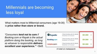 What matters most to Millennial consumers (age 19-35)
is price rather than store or brand.
Millennials are becoming
less loyal
6
A hotel on metasearch
“Consumers tend not to care if
Booking.com or Kayak is the actual
platform doing the booking, as long
as whoever is responsible delivers
excellent user experience.” ~Skift
 