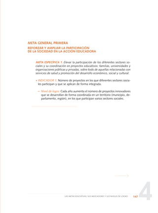 4
META GENERAL PRIMERA
REFORZAR Y AMPLIAR LA PARTICIPACIÓN
DE LA SOCIEDAD EN LA ACCIÓN EDUCADORA
META ESPECÍFICA 1. Elevar la participación de los diferentes sectores so-
ciales y su coordinación en proyectos educativos: familias, universidades y
organizaciones públicas y privadas, sobre todo de aquellas relacionadas con
servicios de salud y promoción del desarrollo económico, social y cultural.
·INDICADOR 1. Número de proyectos en los que diferentes sectores socia-
les participan y que se aplican de forma integrada.
– Nivel de logro: Cada año aumenta el número de proyectos innovadores
que se desarrollan de forma coordinada en un territorio (municipio, de-
partamento, región), en los que participan varios sectores sociales.
147LAS METAS EDUCATIVAS, SUS INDICADORES Y SUS NIVELES DE LOGRO
0 DOCUMENTO FINAL 17.8:METAS 2021 17/8/10 13:15 Página 147
 