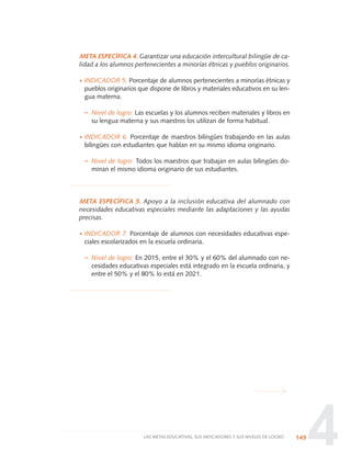 4
META ESPECÍFICA 4. Garantizar una educación intercultural bilingüe de ca-
lidad a los alumnos pertenecientes a minorías étnicas y pueblos originarios.
·INDICADOR 5. Porcentaje de alumnos pertenecientes a minorías étnicas y
pueblos originarios que dispone de libros y materiales educativos en su len-
gua materna.
– Nivel de logro: Las escuelas y los alumnos reciben materiales y libros en
su lengua materna y sus maestros los utilizan de forma habitual.
·INDICADOR 6. Porcentaje de maestros bilingües trabajando en las aulas
bilingües con estudiantes que hablan en su mismo idioma originario.
– Nivel de logro: Todos los maestros que trabajan en aulas bilingües do-
minan el mismo idioma originario de sus estudiantes.
META ESPECÍFICA 5. Apoyo a la inclusión educativa del alumnado con
necesidades educativas especiales mediante las adaptaciones y las ayudas
precisas.
·INDICADOR 7. Porcentaje de alumnos con necesidades educativas espe-
ciales escolarizados en la escuela ordinaria.
– Nivel de logro: En 2015, entre el 30% y el 60% del alumnado con ne-
cesidades educativas especiales está integrado en la escuela ordinaria, y
entre el 50% y el 80% lo está en 2021.
149LAS METAS EDUCATIVAS, SUS INDICADORES Y SUS NIVELES DE LOGRO
0 DOCUMENTO FINAL 17.8:METAS 2021 17/8/10 13:15 Página 149
 