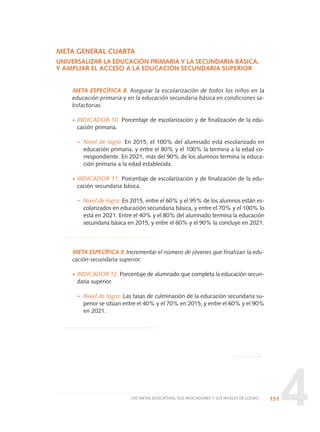 4
META GENERAL CUARTA
UNIVERSALIZAR LA EDUCACIÓN PRIMARIA Y LA SECUNDARIA BÁSICA,
Y AMPLIAR EL ACCESO A LA EDUCACIÓN SECUNDARIA SUPERIOR
META ESPECÍFICA 8. Asegurar la escolarización de todos los niños en la
educación primaria y en la educación secundaria básica en condiciones sa-
tisfactorias.
·INDICADOR 10. Porcentaje de escolarización y de finalización de la edu-
cación primaria.
– Nivel de logro: En 2015, el 100% del alumnado está escolarizado en
educación primaria, y entre el 80% y el 100% la termina a la edad co-
rrespondiente. En 2021, más del 90% de los alumnos termina la educa-
ción primaria a la edad establecida.
·INDICADOR 11. Porcentaje de escolarización y de finalización de la edu-
cación secundaria básica.
– Nivel de logro: En 2015, entre el 60% y el 95% de los alumnos están es-
colarizados en educación secundaria básica, y entre el 70% y el 100% lo
está en 2021. Entre el 40% y el 80% del alumnado termina la educación
secundaria básica en 2015, y entre el 60% y el 90% la concluye en 2021.
META ESPECÍFICA 9. Incrementar el número de jóvenes que finalizan la edu-
cación secundaria superior.
·INDICADOR 12. Porcentaje de alumnado que completa la educación secun-
daria superior.
– Nivel de logro: Las tasas de culminación de la educación secundaria su-
perior se sitúan entre el 40% y el 70% en 2015, y entre el 60% y el 90%
en 2021.
151LAS METAS EDUCATIVAS, SUS INDICADORES Y SUS NIVELES DE LOGRO
0 DOCUMENTO FINAL 17.8:METAS 2021 17/8/10 13:15 Página 151
 