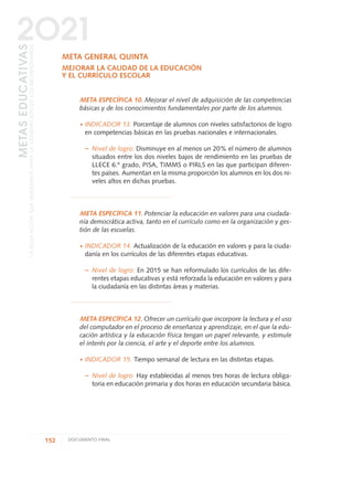 META GENERAL QUINTA
MEJORAR LA CALIDAD DE LA EDUCACIÓN
Y EL CURRÍCULO ESCOLAR
META ESPECÍFICA 10. Mejorar el nivel de adquisición de las competencias
básicas y de los conocimientos fundamentales por parte de los alumnos.
·INDICADOR 13. Porcentaje de alumnos con niveles satisfactorios de logro
en competencias básicas en las pruebas nacionales e internacionales.
– Nivel de logro: Disminuye en al menos un 20% el número de alumnos
situados entre los dos niveles bajos de rendimiento en las pruebas de
LLECE 6.º grado, PISA, TIMMS o PIRLS en las que participan diferen-
tes países. Aumentan en la misma proporción los alumnos en los dos ni-
veles altos en dichas pruebas.
META ESPECÍFICA 11. Potenciar la educación en valores para una ciudada-
nía democrática activa, tanto en el currículo como en la organización y ges-
tión de las escuelas.
·INDICADOR 14. Actualización de la educación en valores y para la ciuda-
danía en los currículos de las diferentes etapas educativas.
– Nivel de logro: En 2015 se han reformulado los currículos de las dife-
rentes etapas educativas y está reforzada la educación en valores y para
la ciudadanía en las distintas áreas y materias.
META ESPECÍFICA 12. Ofrecer un currículo que incorpore la lectura y el uso
del computador en el proceso de enseñanza y aprendizaje, en el que la edu-
cación artística y la educación física tengan un papel relevante, y estimule
el interés por la ciencia, el arte y el deporte entre los alumnos.
·INDICADOR 15. Tiempo semanal de lectura en las distintas etapas.
– Nivel de logro: Hay establecidas al menos tres horas de lectura obliga-
toria en educación primaria y dos horas en educación secundaria básica.
152 DOCUMENTO FINAL
METASEDUCATIVAS
LAEDUCACIÓNQUEQUEREMOSPARALAGENERACIÓNDELOSBICENTENARIOS
2O21
0 DOCUMENTO FINAL 17.8:METAS 2021 17/8/10 13:15 Página 152
 
