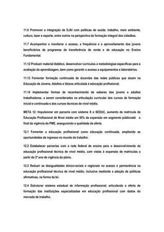 11.6 Promover a integração da EJAI com políticas de saúde, trabalho, meio ambiente,
cultura, lazer e esporte, entre outros na perspectiva da formação integral dos cidadãos.
11.7 Acompanhar e monitorar o acesso, a frequência e o aproveitamento dos jovens
beneficiários de programas de transferência de renda e de educação no Ensino
Fundamental.
11.12 Produzir material didático, desenvolver currículos e metodologias específicas para a
avaliação da aprendizagem, bem como garantir o acesso a equipamentos e laboratórios.
11.13 Fomentar formação continuada de docentes das redes públicas que atuam na
Educação de Jovens, Adultos e Idosos articulada à educação profissional.
11.14 Implementar formas de reconhecimento de saberes dos jovens e adultos
trabalhadores, a serem considerados na articulação curricular dos cursos de formação
inicial e continuada e dos cursos técnicos de nível médio.
META 12: Impulsionar em parceria com sistema S e SEDUC, aumento de matrícula da
Educação Profissional de Nível médio em 50% de expansão em segmento públicoaté o
final da vigência do PME, assegurando a qualidade da oferta.
12.1 Fomentar a educação profissional como educação continuada, ampliando as
oportunidades de ingresso no mundo do trabalho.
12.2 Estabelecer parcerias com a rede federal de ensino para o desenvolvimento da
educação profissional técnica de nível médio, com vistas à expansão de matrículas a
partir do 2º ano de vigência do plano.
12.3 Reduzir as desigualdades étnico-raciais e regionais no acesso e permanência na
educação profissional técnica de nível médio, inclusive mediante a adoção de políticas
afirmativas, na forma da lei.
12.4 Estruturar sistema estadual de informação profissional, articulando a oferta de
formação das instituições especializadas em educação profissional com dados do
mercado de trabalho.
 