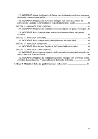 11
12.1. INDICADOR: Atesto do Conselho de Saúde para divulgação dos direitos e deveres
do cidadão nos serviços de saúde..............................................................................................80
12.2. INDICADOR: Proporção de municípios da região com ações ou políticas de
promoção de equidade contempladas nos respectivos planos de saúde............................80
DIRETRIZ 12 - INDICADOR COMPLEMENTAR..........................................................................................81
12.1. INDICADOR: Proporção de unidades municipais próprias sob gestão municipal....81
12.2. INDICADOR: Proporção das ações e serviços da atenção básica sob gestão
municipal.........................................................................................................................................81
DIRETRIZ 13 - INDICADOR UNIVERSAL.....................................................................................................82
13.1. INDICADOR: Proporção de ouvidorias implantadas nos municípios..........................82
DIRETRIZ 13 - INDICADOR ESPECÍFICO ...................................................................................................83
13.1. INDICADOR: Municípios da Região de Saúde com SNA estruturados......................83
DIRETRIZ 13 - INDICADOR COMPLEMENTAR..........................................................................................83
13.1. INDICADOR: Proporção dos entes da região com pelo menos uma alimentação por
ano no Banco de Preço em Saúde.............................................................................................83
13.2. INDICADOR: Proporção de unidades hospitalares na região com centros de custos
definidos, de acordo com o Programa Nacional de Gestão de Custos. ...............................84
ANEXO 3: Modelo de ficha de qualificação dos indicadores ......................................85
 