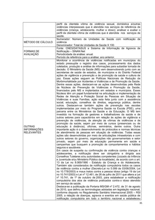 35
perfil da clientela vítima de violência sexual, doméstica e/outras
violências interpessoais que é atendida nos serviços de referência de
violências (criança, adolescente, mulher e idoso); analisar e avaliar o
perfil da clientela vítima de violências que é atendida nos serviços de
saúde.
MÉTODO DE CÁLCULO
Numerador: Número de Unidades de Saúde com notificação de
violência
Denominador: Total de Unidades de Saúde X 100
FORMAS DE
AVALIAÇÃO
Fonte: CNES/DATASUS e Sistema de Informação de Agravos de
Notificação – SINAN Net
Periodicidade da análise: anual.
Período de referência para a análise: ano anterior.
OUTRAS
INFORMAÇÕES
RELEVANTES
Monitorar a ocorrência de violências notificadas em municípios do
estado pressupõe o registro dos casos, processamento dos dados
coletados, produção e análise de informações para subsidiar tomada de
decisão. O Ministério da Saúde (MS) vem desenvolvendo junto com as
secretarias de saúde de estados, de municípios e do Distrito Federal
ações de vigilância e prevenção e de promoção da saúde e cultura de
paz. Essas ações seguem as Políticas Nacionais de Redução da
Morbimortalidade por Acidentes e Violências e de Promoção da Saúde.
Dentre essas ações, destacam-se as ações desenvolvidas pela Rede
de Núcleos de Prevenção de Violências e Promoção da Saúde,
financiados pelo MS e implantados em estados e municípios. Esses
Núcleos têm um papel fundamental na articulação e implementação de
Redes de Atenção e Proteção Social às Pessoas em Situação de
Violências e suas Famílias, ação esta feita junto com a assistência
social, educação, conselhos de direitos, segurança pública, dentre
outros. Destacam-se também ações de prevenção nas escolas
implementadas por meio do Programa Saúde na Escola (PSE), uma
parceria entre os Ministérios da Saúde e da Educação. O MS tem
investido na formação de gestores e trabalhadores da saúde e de
outros setores para capacitá-los em relação às ações de vigilância e
prevenção de violências, de atenção às vítimas de violências e de
promoção da saúde, sejam por meio de cursos (presenciais ou de
educação à distância), oficinas, seminários, dentre outros. Outra
importante ação é o desenvolvimento de protocolos e normas técnicas
de atendimento às pessoas em situação de violências. Todas essas
ações são desenvolvidas por meio de articulações intrasetoriais e com
outros setores do governo, organizações não governamentais e setor
privado, sejam por meio de educação permanente em saúde e
campanhas que busquem a promoção de comportamentos e hábitos
seguros e saudáveis.
Em casos de suspeita ou confirmação de violência contra crianças e
adolescentes, a notificação deve ser obrigatória e dirigida aos
Conselhos Tutelares e/ou autoridades competentes (Juizado da Infância
e Juventude e/ou Ministério Público da localidade), de acordo com o art.
13 da Lei no 8.069/1990 - Estatuto da Criança e do Adolescente.
Também são considerados de notificação compulsória todos os casos
de violência contra a mulher (Decreto-Lei no 5.099 de 03/06/2004, Lei
no 10.778/2003) e maus tratos contra a pessoa idosa (artigo 19 da Lei
no 10.741/2003) e Lei nº 12.461, de 26 de julho de 2011 que altera a Lei
nº 10.741, de 1º de outubro de 2003, para estabelecer a notificação
compulsória dos atos de violência praticados contra o idoso atendido
em serviço de saúde.
Destaca-se a publicação da Portaria MS/GM nº 2.472, de 31 de agosto
de 2010, que definiu as terminologias adotadas em legislação nacional,
conforme disposto no Regulamento Sanitário Internacional 2005 – RSI
2005, a relação de doenças, agravos e eventos em saúde pública de
notificação compulsória em todo o território nacional e estabeleceu
 