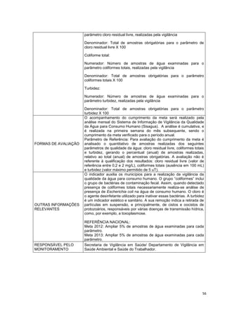 56
parâmetro cloro residual livre, realizadas pela vigilância
Denominador: Total de amostras obrigatórias para o parâmetro de
cloro residual livre X 100
Coliforme total:
Numerador: Número de amostras de água examinadas para o
parâmetro coliformes totais, realizadas pela vigilância
Denominador: Total de amostras obrigatórias para o parâmetro
coliformes totais X 100
Turbidez:
Numerador: Número de amostras de água examinadas para o
parâmetro turbidez, realizadas pela vigilância
Denominador: Total de amostras obrigatórias para o parâmetro
turbidez X 100
FORMAS DE AVALIAÇÃO
O acompanhamento do cumprimento da meta será realizado pela
análise mensal do Sistema de Informação de Vigilância da Qualidade
da Água para Consumo Humano (Sisagua). A análise é cumulativa, e
é realizada na primeira semana do mês subsequente, sendo o
cumprimento da meta verificado para o período anual.
Parâmetro de Referência: Para avaliação do cumprimento da meta é
analisado o quantitativo de amostras realizadas dos seguintes
parâmetros de qualidade da água: cloro residual livre, coliformes totais
e turbidez, gerando o percentual (anual) de amostras realizadas,
relativo ao total (anual) de amostras obrigatórias. A avaliação não é
referente à qualificação dos resultados: cloro residual livre (valor de
referência entre 0,2 e 2 mg/L), coliformes totais (ausência em 100 mL)
e turbidez (valor máximo permitido de 5 uT).
OUTRAS INFORMAÇÕES
RELEVANTES
O indicador auxilia os municípios para a realização da vigilância da
qualidade da água para consumo humano. O grupo “coliformes” inclui
o grupo de bactérias de contaminação fecal. Assim, quando detectado
presença de coliformes totais necessariamente realiza-se análise de
presença de Escherichia coli na água de consumo humano. O cloro é
o agente desinfetante utilizado para inativar essas bactérias. A turbidez
é um indicador estético e sanitário. A sua remoção indica a retirada de
partículas em suspensão, e principalmente, de cistos e oocistos de
protozoários, responsáveis por várias doenças de transmissão hídrica,
como, por exemplo, a toxoplasmose.
REFERÊNCIA NACIONAL:
Meta 2012: Ampliar 5% de amostras de água examinadas para cada
parâmetro.
Meta 2013: Ampliar 5% de amostras de água examinadas para cada
parâmetro.
RESPONSÁVEL PELO
MONITORAMENTO
Secretaria de Vigilância em Saúde/ Departamento de Vigilância em
Saúde Ambiental e Saúde do Trabalhador.
 