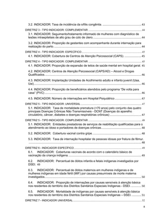 8
3.2. INDICADOR: Taxa de incidência da sífilis congênita. .....................................................43
DIRETRIZ 3 - TIPO INDICADOR: COMPLEMENTAR ................................................................................44
3.1. INDICADOR: Seguimento/tratamento informado de mulheres com diagnóstico de
lesões intraepiteliais de alto grau de colo de útero..................................................................44
3.2. INDICADOR: Proporção de gestantes com acompanhante durante internação para
realização do parto........................................................................................................................44
DIRETRIZ 4 - TIPO INDICADOR: ESPECÍFICO..........................................................................................45
4.1. INDICADOR: Cobertura de Centros de Atenção Psicossocial (CAPS). .......................45
DIRETRIZ 4 - TIPO INDICADOR: COMPLEMENTAR ................................................................................45
4.1. INDICADOR: Proporção de expansão de leitos de saúde mental em hospital geral. 45
4.2. INDICADOR: Centros de Atenção Psicossocial (CAPS/AD) – Alcool e Drogas
Qualificados....................................................................................................................................46
4.3. INDICADOR: Implantação Unidades de Acolhimento adulto e infanto juvenil (Uaa,
Uai)...................................................................................................................................................46
4.4. INDICADOR: Proporção de beneficiários atendidos pelo programa “De volta para
casa” (PVC) ....................................................................................................................................46
4.5. INDICADOR: Número de internações em Hospital Psiquiátrico ....................................47
DIRETRIZ 5 - TIPO INDICADOR: UNIVERSAL ...........................................................................................47
5.1. INDICADOR: Taxa de mortalidade prematura (<70 anos) pelo conjunto das quatro
principais Doenças Crônicas Não Transmissíveis - DCNT (Doenças do aparelho
circulatório, câncer, diabetes e doenças respiratórias crônicas) ...........................................47
DIRETRIZ 5 - TIPO INDICADOR: COMPLEMENTAR ................................................................................48
5.1. INDICADOR: Entidades prestadoras de serviços de reabilitação qualificadas para o
atendimento ao idoso e portadores de doenças crônicas.......................................................48
5.2. INDICADOR: Cobertura vacinal contra gripe...................................................................48
5.3. INDICADOR: Taxa de internação hospitalar de pessoas idosas por fratura de fêmur.
..........................................................................................................................................................48
DIRETRIZ 6 - INDICADOR ESPECÍFICO .....................................................................................................49
6.1. INDICADOR: Coberturas vacinais de acordo com o calendário básico de
vacinação da criança indígena....................................................................................................49
6.2. INDICADOR: Percentual de óbitos infantis e fetais indígenas investigados por
DSEI. 49
6.3. INDICADOR: Percentual de óbitos maternos em mulheres indígenas e de
mulheres indígenas em idade fértil (MIF) por causas presumíveis de morte materna
investigados....................................................................................................................................50
6.4. INDICADOR: Proporção de internações por causas sensíveis à atenção básica
nos residentes do território dos Distritos Sanitários Especiais Indígenas - DSEI. ..............50
6.5. INDICADOR: Mortalidade de indígenas por causas sensíveis à atenção básica
nos residentes do território dos Distritos Sanitários Especiais Indígenas – DSEI. .............51
DIRETRIZ 7 - INDICADOR UNIVERSAL.......................................................................................................52
 
