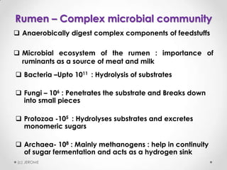 Rumen – Complex microbial community
 Anaerobically digest complex components of feedstuffs
 Microbial ecosystem of the rumen : importance of
ruminants as a source of meat and milk
 Bacteria –Upto 1011 : Hydrolysis of substrates
 Fungi – 106 : Penetrates the substrate and Breaks down
into small pieces
 Protozoa -105 : Hydrolyses substrates and excretes
monomeric sugars
 Archaea- 108 : Mainly methanogens : help in continuity
of sugar fermentation and acts as a hydrogen sink
(c) JEROME

 
