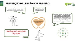 PREVENÇÃO DE LESSÃO POR PRESSÃO
1- Para prevenir é importante realizar a
avaliação diária do risco de cada
paciente desenvolver uma lesão por
pressão
2- É importante manter
a pele do paciente
limpa e hidratada.
A evolução da lesão nos da sinais como
uma hiperemia reativa (quando ao
pressionar um ponto que apresente
vermelhidão ele embranquece e não
retorna) por isso é importante manter
uma avaliação diária da pele e
principalmente das proeminências
ósseas.
Mudança de decúbito
rigorosa.
 