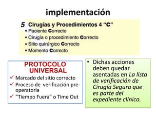 implementación

PROTOCOLO
UNIVERSAL
 Marcado del sitio correcto
 Proceso de verificación preoperatoria
 “Tiempo Fuera” o Time Out

• Dichas acciones
deben quedar
asentadas en La lista
de verificación de
Cirugía Segura que
es parte del
expediente clínico.

 