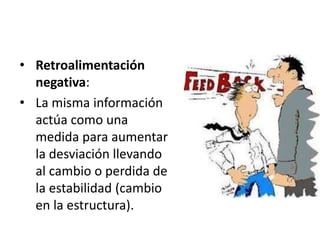 • Retroalimentación
negativa:
• La misma información
actúa como una
medida para aumentar
la desviación llevando
al cambio o perdida de
la estabilidad (cambio
en la estructura).
 