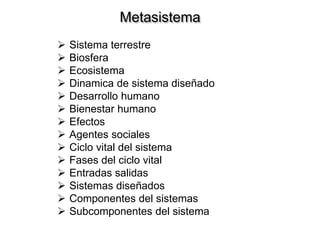 Metasistema
 Sistema terrestre
 Biosfera
 Ecosistema
 Dinamica de sistema diseñado
 Desarrollo humano
 Bienestar humano
 Efectos
 Agentes sociales
 Ciclo vital del sistema
 Fases del ciclo vital
 Entradas salidas
 Sistemas diseñados
 Componentes del sistemas
 Subcomponentes del sistema
 