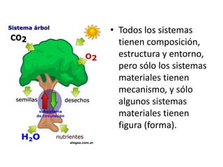• Todos los sistemas
tienen composición,
estructura y entorno,
pero sólo los sistemas
materiales tienen
mecanismo, y sólo
algunos sistemas
materiales tienen
figura (forma).
 