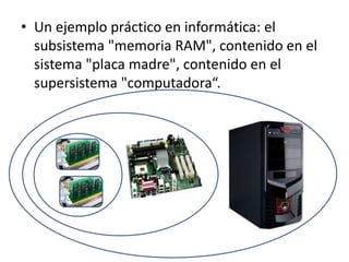 • Un ejemplo práctico en informática: el
subsistema "memoria RAM", contenido en el
sistema "placa madre", contenido en el
supersistema "computadora“.
 