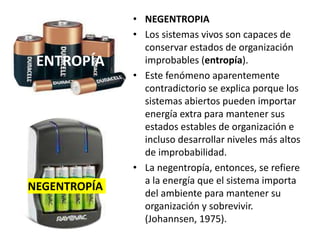• NEGENTROPIA
• Los sistemas vivos son capaces de
conservar estados de organización
improbables (entropía).
• Este fenómeno aparentemente
contradictorio se explica porque los
sistemas abiertos pueden importar
energía extra para mantener sus
estados estables de organización e
incluso desarrollar niveles más altos
de improbabilidad.
• La negentropía, entonces, se refiere
a la energía que el sistema importa
del ambiente para mantener su
organización y sobrevivir.
(Johannsen, 1975).
ENTROPÍA
NEGENTROPÍA
 