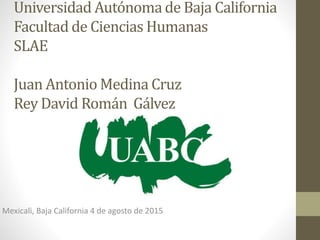 Universidad Autónoma de Baja California
Facultad de Ciencias Humanas
SLAE
Juan Antonio Medina Cruz
Rey David Román Gálvez
Mexicali, Baja California 4 de agosto de 2015
 